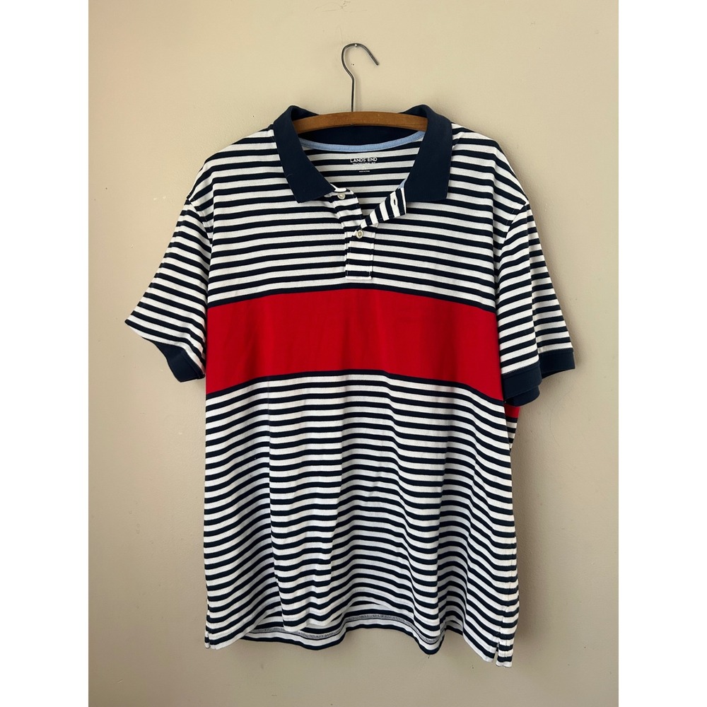 Preppy Lands' End Mens Polo‎ Shirt XL Striped  Fit Red White Blue Casual